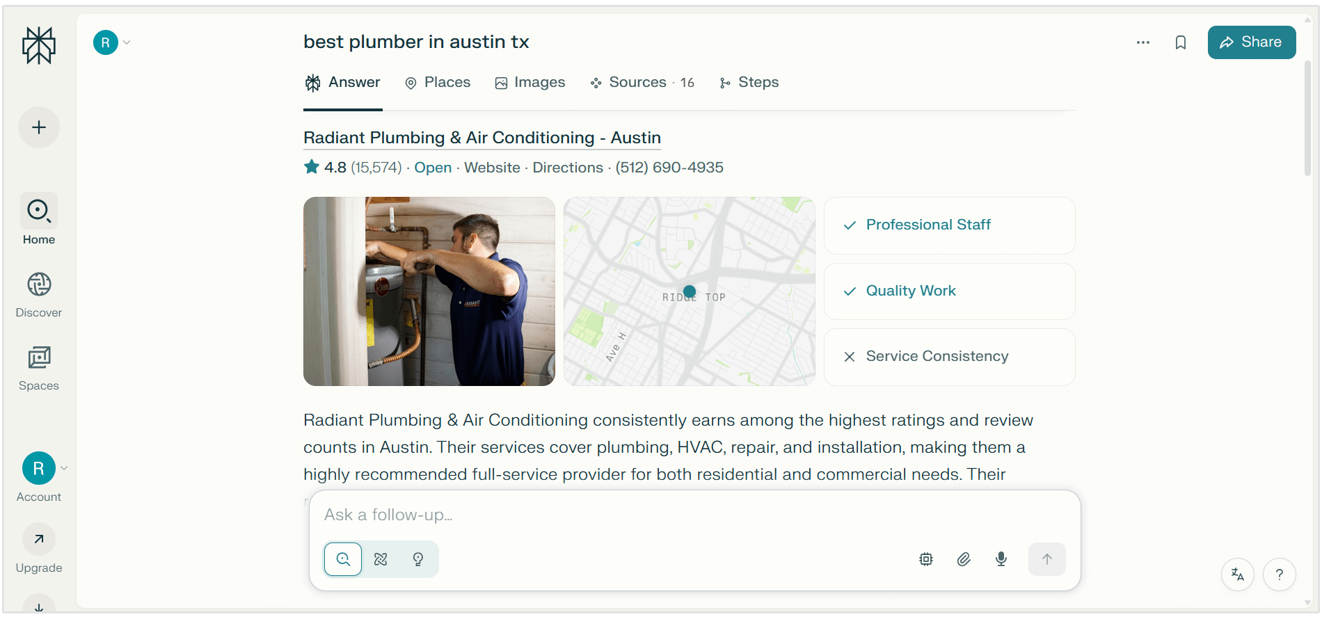 Perplexity answer to best plumber in austin